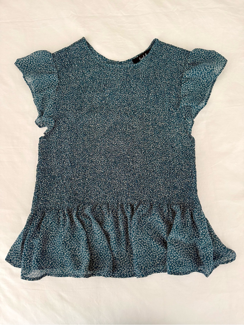 Lipslide Smocked Teal Floral Ruffle Peplum Blouse Flutter Sleeve Size L